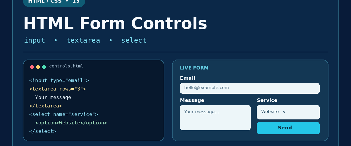 آموزش انواع ورودی فرم HTML با input و textarea و select، درس 13 ارومیا دیزاین