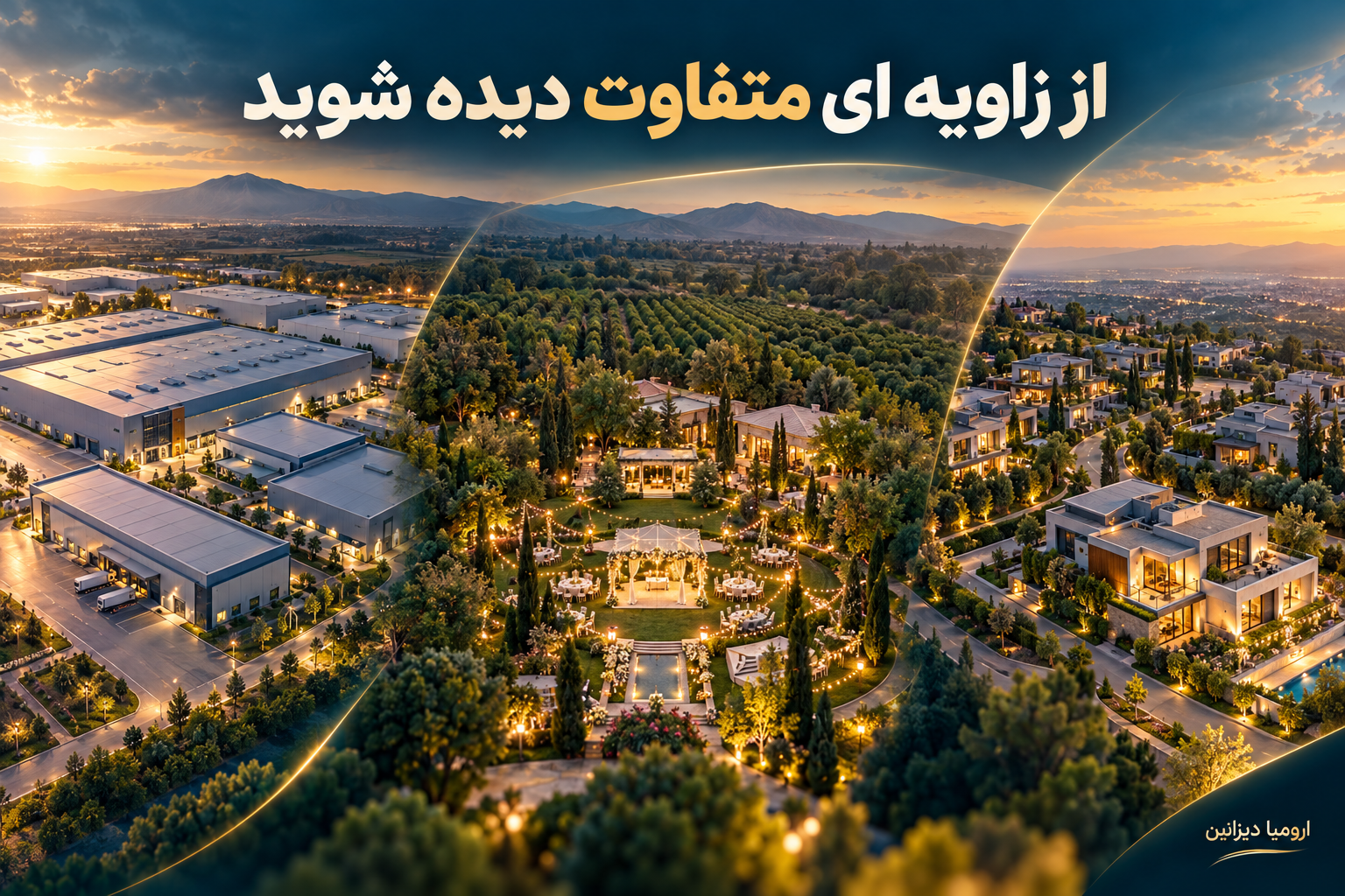 تصویر مفهومی کاربرد عکاسی هوایی در معرفی کارخانه، باغ تالار و املاک
